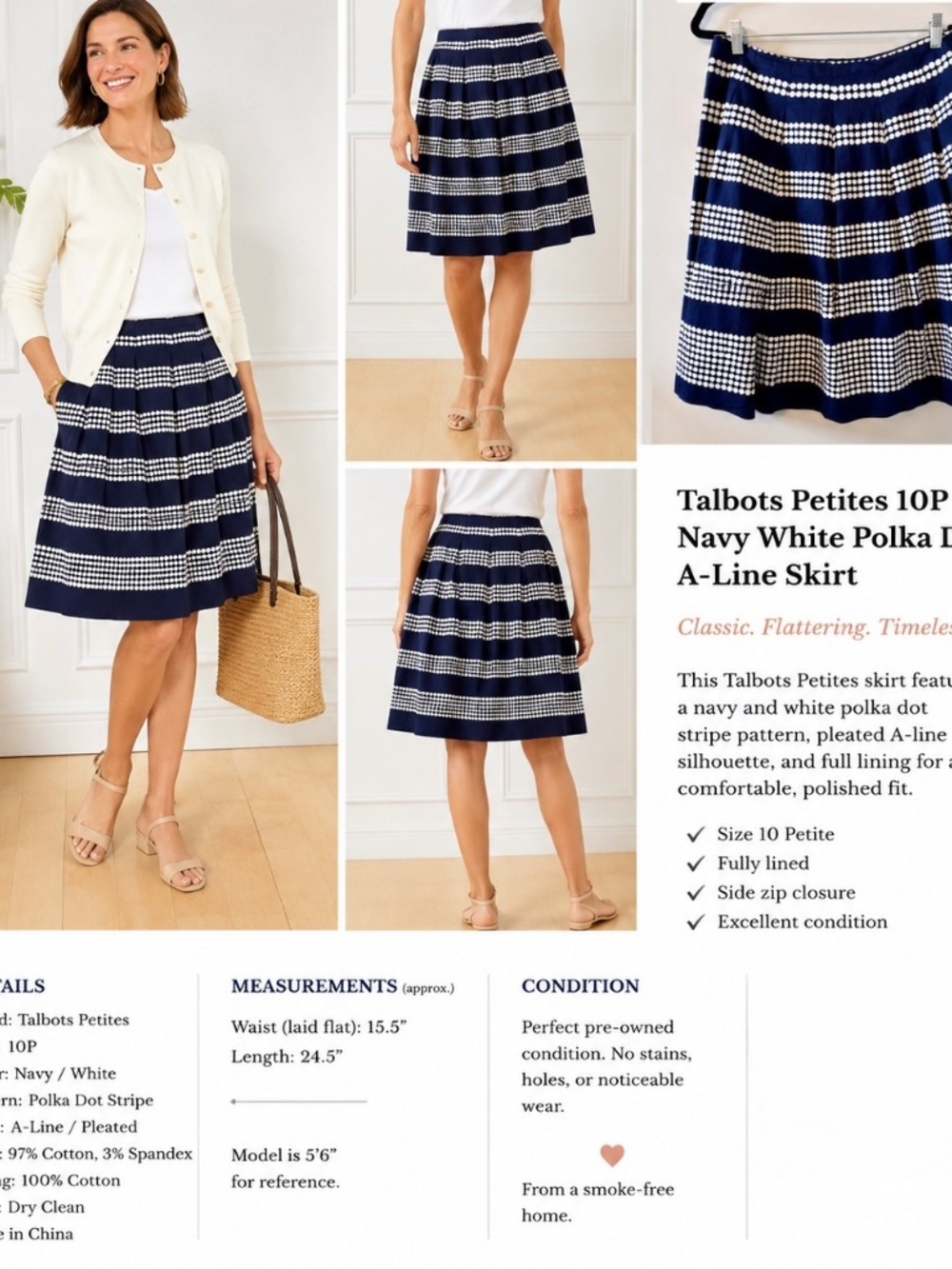 Talbots Petites 10P Navy White Polka Dot A-Line Pleated Lined Skirt